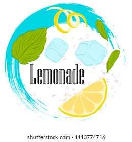 pattern lemonade, carbonated water, lemon slices, lemon peel, lemon peel, ice cubes, air bubbles, mint leaves, lemonade sign