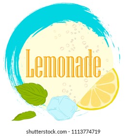 pattern lemonade, carbonated water, lemon slices, lemon peel, lemon peel, ice cubes, air bubbles, mint leaves, lemonade sign