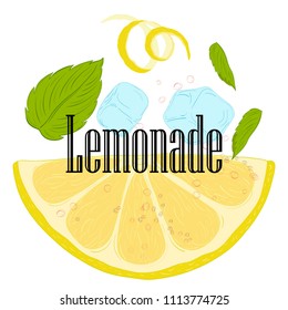 pattern lemonade, carbonated water, lemon slices, lemon peel, lemon peel, ice cubes, air bubbles, mint leaves, lemonade sign