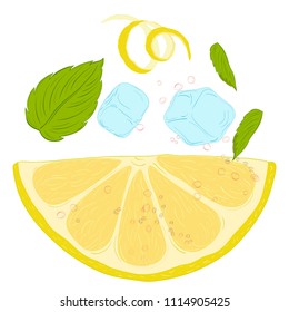 pattern lemonade, carbonated water, lemon slices, lemon peel, lemon peel, ice cubes, air bubbles, mint leaves