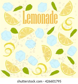 pattern lemonade, carbonated water, lemon slices, lemon peel, lemon peel, ice cubes, air bubbles, mint leaves, lemonade sign
