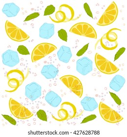 pattern lemonade, carbonated water, lemon slices, lemon peel, lemon peel, ice cubes, air bubbles, mint leaves