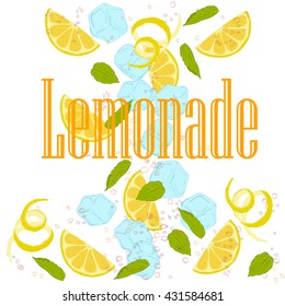 pattern lemonade, carbonated water, lemon slices, lemon peel, lemon peel, ice cubes, air bubbles, mint leaves, lemonade sign