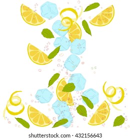 pattern lemonade, carbonated water, lemon slices, lemon peel, lemon peel, ice cubes, air bubbles, mint leaves