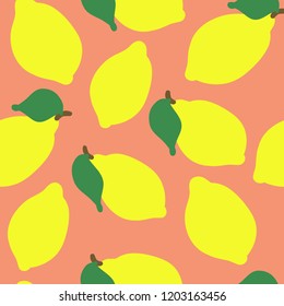 A pattern of lemons. Coral background, yellow lemons. Bright, juicy. Good for banner, packaging, postcards. Simple seamless pattern.