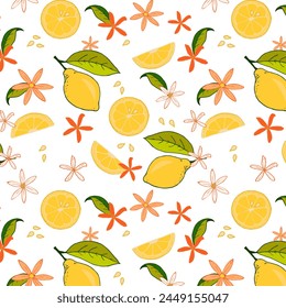 Pattern with lemons and flowers, color seamless background with fruits