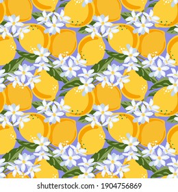 Pattern with lemons, flowers and leaves. Beautiful seamless vector. Abstract texture. Perfect for wallpapers, web page backgrounds, surface textures, textile design, cover, farmers market, notebooks