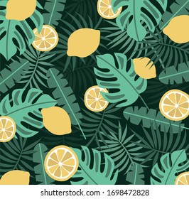 Pattern with lemons and green palm leaves on the black background. Template for print, textile, wallpaper cover and box design.