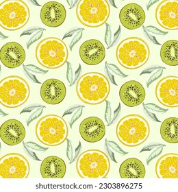Pattern with lemons and kiwi.Vector seamless pattern with lemon and kiwi slices on a colored background with leaves.