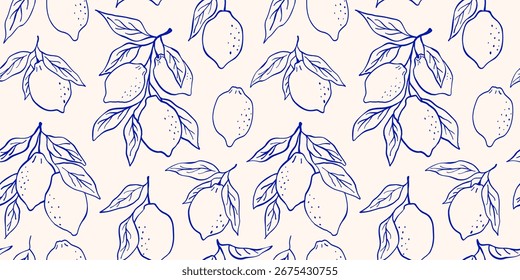 Muster mit Zitronen, Blättern, Zweigen. Sommerfrüchte doodle Vektorgrafik. Botanischer Hintergrund mit blauem Druck. 
