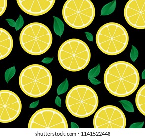 A pattern of lemons with leaves on a black background. vector illustration