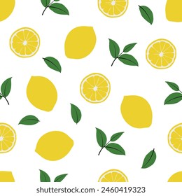 A pattern of lemons and leaves is shown in a white background. The lemons are scattered throughout the pattern, with some being larger and others smaller. The leaves are also spread out