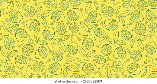 Patrón con limones y hojas. Gráfico dibujado a mano de moda. Antecedentes de carne mediterránea. Ilustración vectorial.
