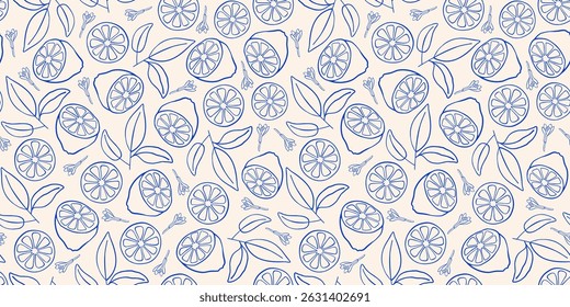 Padrão com limões e folhas. Gráfico desenhado à mão na moda. Fundo de comida mediterrânea. Ilustração vetorial.
