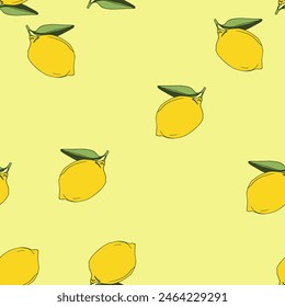 Pattern of lemons, lemon flowers on a colored background. Branch with lemons. Beautiful seamless Summer Vacation Seamless pattern