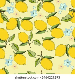 Pattern of lemons, lemon flowers on a colored background. Branch with lemons. Beautiful seamless Summer Vacation Seamless pattern