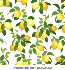 Pattern with lemons on the branches.Ripe lemons on branches with green leaves in a colored seamless pattern.