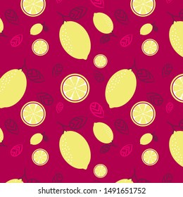 Pattern lemons on a twig. Pink background. Vector