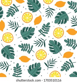 Pattern with lemons or orange and green palm leaves on the black background. Template for print, textile, wallpaper cover and box design.