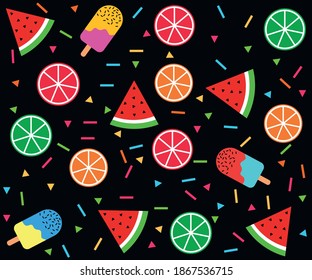 Pattern Lemons, Oranges, Ice Cream, Confetti Illustration Vector