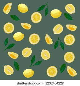 Pattern of lemons in pastel colors. Gray background, yellow lemons. Bright,realistic, juicy. Concept - creative summer banner, minimal summer idea, packaging, postcards. Vector illustration.