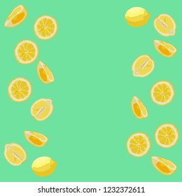 Pattern of lemons in pastel colors. Green background, yellow lemons. Bright,realistic, juicy. Concept - creative summer banner, minimal summer idea, packaging, postcards. Vector illustration.