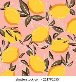 Pattern with lemons. Pink background.Plants and patterns. Fruits and vegetables. Vector stock illustration.Design for fabric and wallpaper