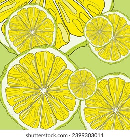 Pattern with lemons, slices of lemons on a green background. Image for blog, poster, flyer, printable, decor elements, place for text