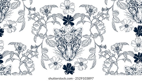 Pattern with leopard face and floral elements, blue and black on white