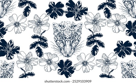 Patrón con cara de leopardo y Elementos florales, azul y negro sobre blanco