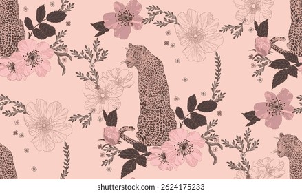 Padrão com leopardo e elementos florais desenhados em um fundo rosa
