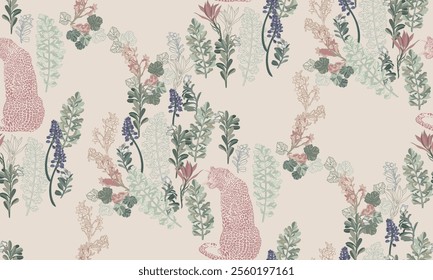 Pattern with leopard and floral elements, painted on a light background	