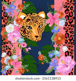 pattern with leopard and flowers, Seamless pattern,
colorful floral background and beautiful yellow tiger face.
Stylish vector drawing Ideal for wall decorations or textile design prints, shawls