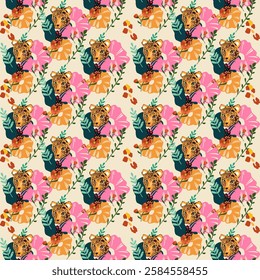 pattern with leopard and flowers, Seamless pattern, colorful floral background and beautiful yellow tiger face.
Stylish vector drawing Ideal for wall decorations or textile design prints, shawls
