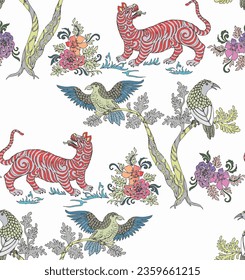  pattern of leopards and birds on a white background with pink and yellow flowers on the branches of a tree; arts and crafts movement, a silk screen, Annabel Kidston, fantastically gaudy