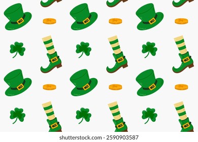 Pattern of leprechaun boots, hats, shamrocks, and gold coins on a white background. Perfect for festive digital projects, fabrics, and holiday-themed crafts.