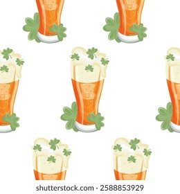 pattern with leprechaun face print long glasses with wheat beer and shamrocks, st patrick's day design