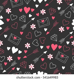 Pattern With Letter, Arrow, Diamond, Hearts And Flowers On A Dark Background. Happy St. Valentine's Day. Love. 