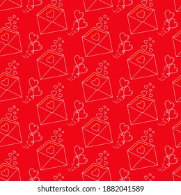 Pattern with letter and balloons for Valentines day. Outline style. Vector illustration on a red background. For use in decor, fabric, scrapbooking and packaging.