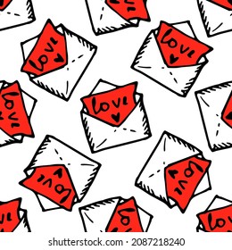 a pattern from a letter with red love. seamless pattern of a hand-drawn doodle-style open envelope with recognition on white for a Valentine's holiday template
