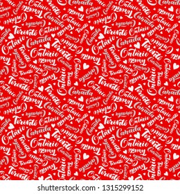 Pattern with lettering of Canada, Toronto, Ontario on red background. Background for tourist information signs, travel guides, tourist signs, cards, souvenir