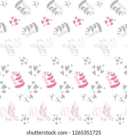Pattern of the lettering doodle and the freehand hearts. Freehand sketch drawing of doodle hearts. Love background in pink color. You are my love. I love you
