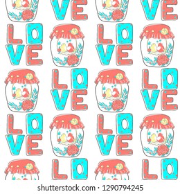 Pattern lettering love, stylized large letters on a white background with with birds in love
