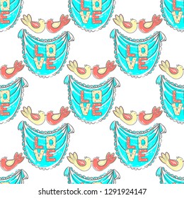 Pattern lettering love, stylized large letters on a white background with with birds in love