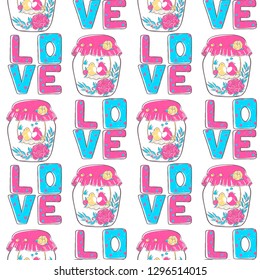 Pattern lettering love, stylized large letters on a white background with with birds in love