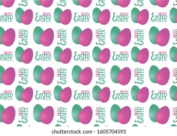 Pattern with lettering and painted purple and green Easter eggs.