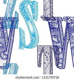 A pattern with the letters of the alphabet. Children's coloring. A meditative picture. Dots, stripes, wool.