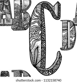 A pattern with the letters of the alphabet. Children's coloring. A meditative picture. Dots, stripes, wool.
