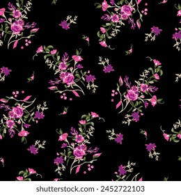 Patrón de flores de la libertad sobre fondo negro y flores violetas. Perfecto para imprimir vestidos fluidos. Listo para colorear y repetir. Vector y todo sobre diseño