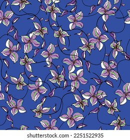 Pattern of liberty and fresh flowers on blue background. Wild flowers. Folk style. Perfect for summer textiles or other surfaces. Ready to repeat and color. Vector and All over print